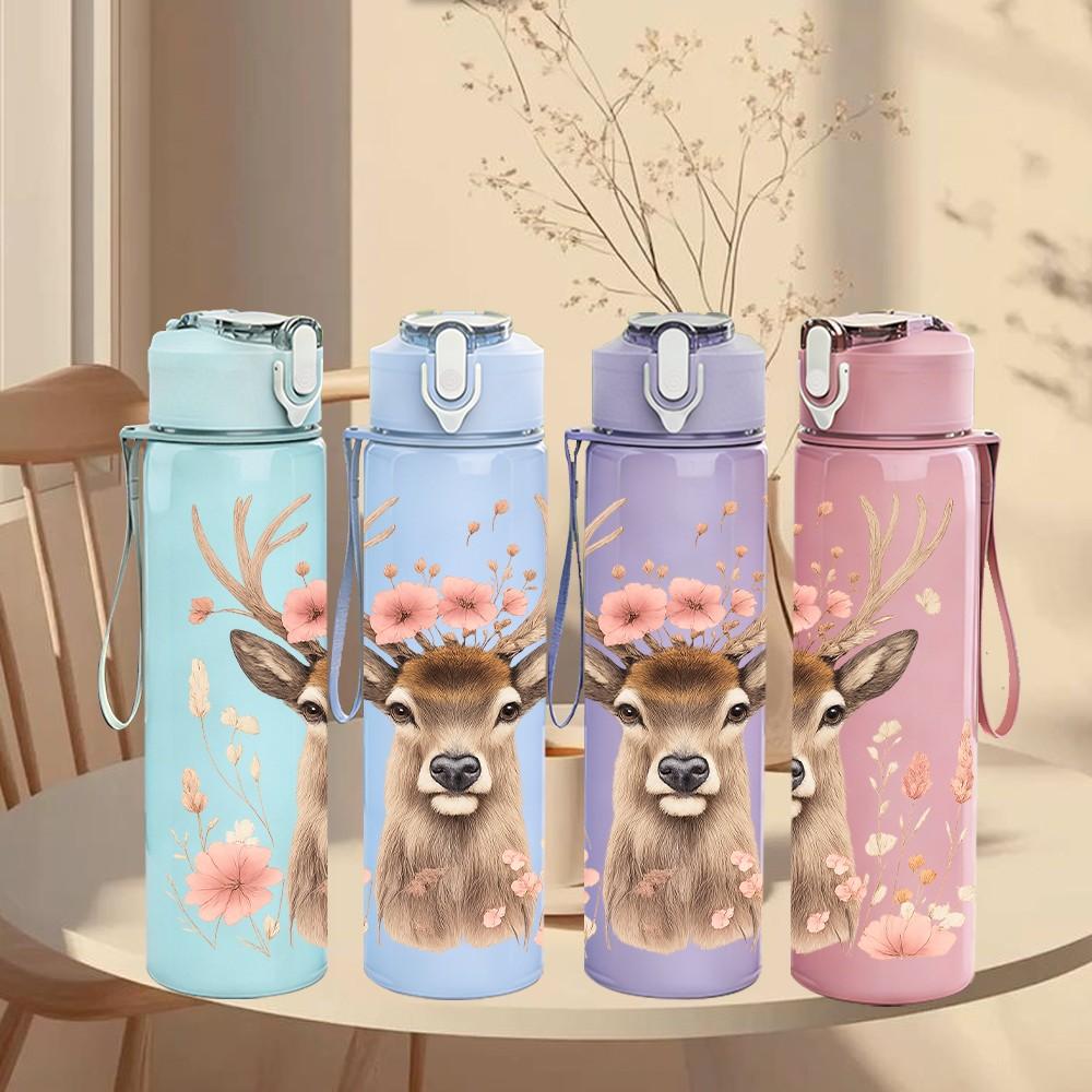 1PC Floral Deer Pattern 750ml Color Plastic Sports Water Bottle Leakproof Flip Straw Lid Suitable for Sports Office Home Use