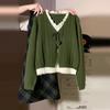 Green Faux Two-Piece Knitted Sweater Dress – Women's Korean Style Plaid Long Dress for Spring & Autumn