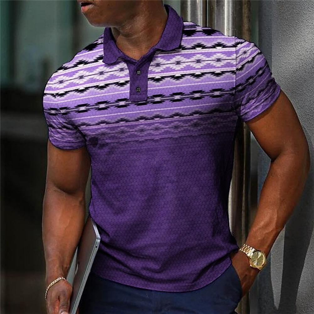 Geometric Color Blocking Pattern 3D Digital Printing Men's Casual Polo Shirt