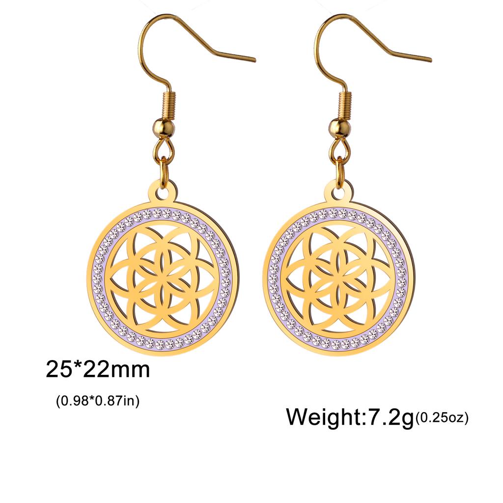 Seed of Life Chakra Flower Dangle Earrings Stainless Steel Gold Clear Zircon Round Earring Sacred Geometry Jewelry