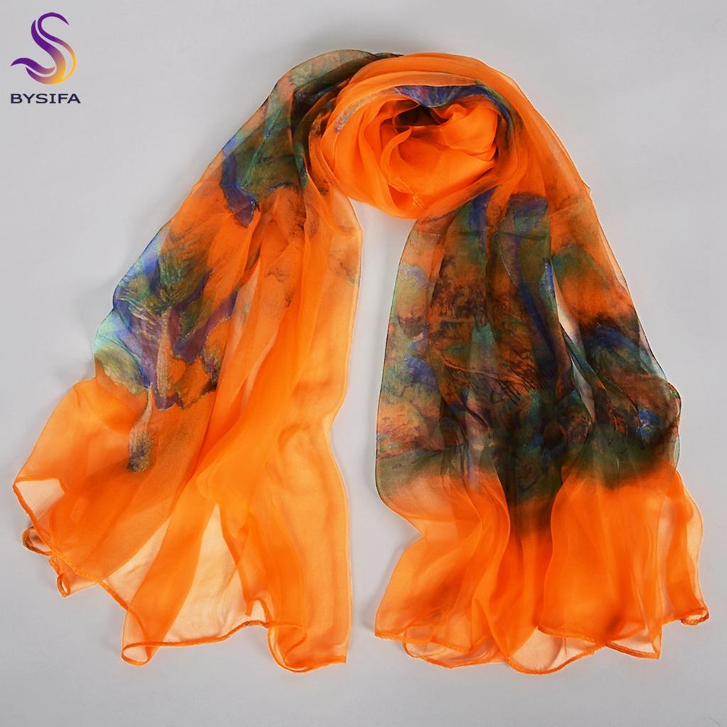 [BYSIFA] Orange Women Mulberry Silk Scarf Printed 170*105cm Fashion Water Ink Painting Luxury Scarves Shawl For Spring Autumn