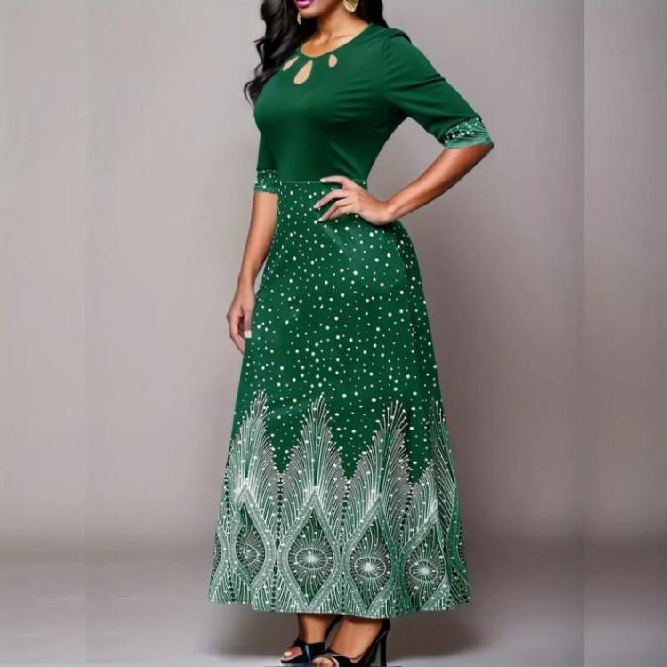 Elegantní dámské šaty s květinovým potiskem na párty a banket, poloviční rukáv, kulatý výstřih, vykrojené oblečení