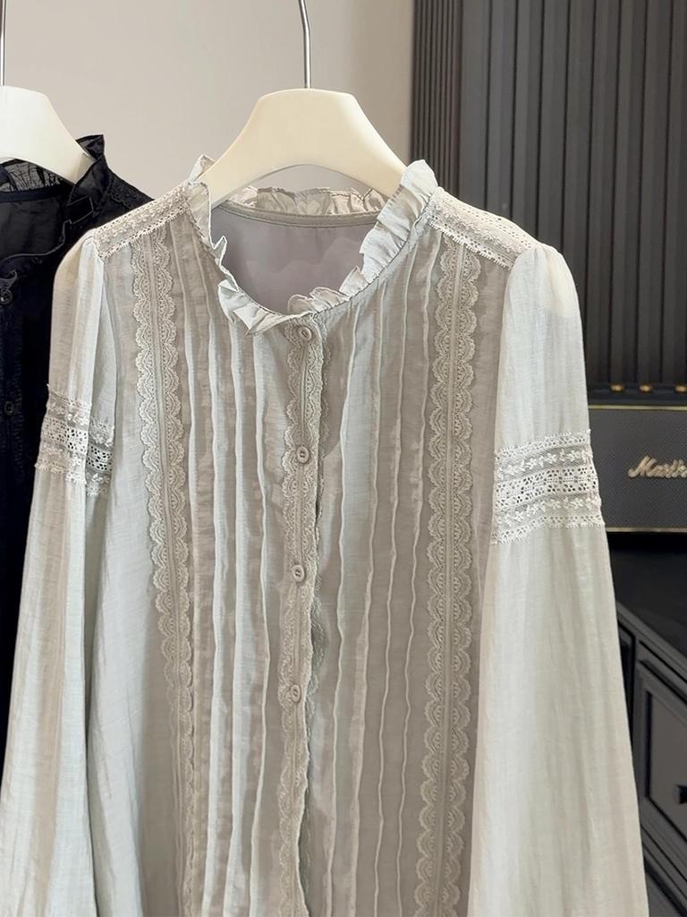Elegant French Wood Ear Trim Round Neck Long Sleeve Womens Lace Top with Hollow Lantern Sleeves - Spring 2026