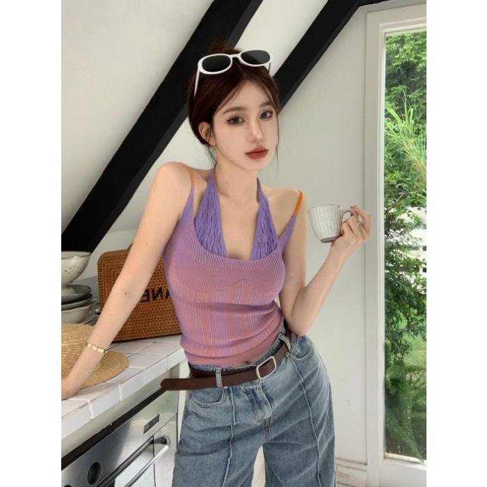 Trendy Spicy Girl Patchwork Halter Tank Top - Slim-Fit Niche Chic Summer Outerwear One Size