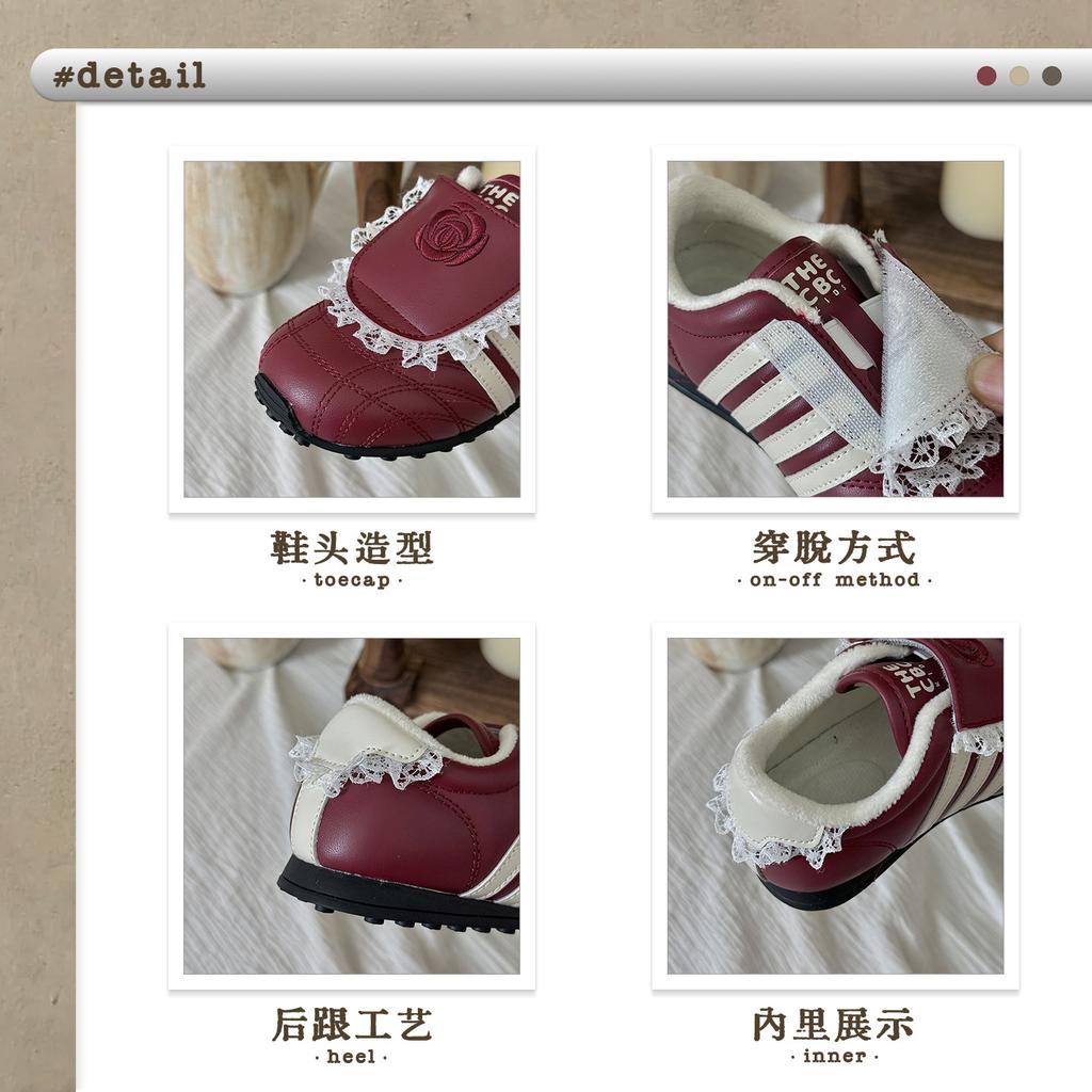 XSHX Camellia Virtue | Girls' Retro Functional Thin-soled Sports and Leisure Board Shoes Velcro Autumn and Winter Velvet