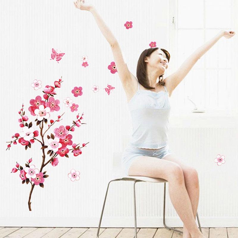 Charming 3d Room Peach Blossom Flower Butterfly Vinyl Wall Art Decal For Living Room