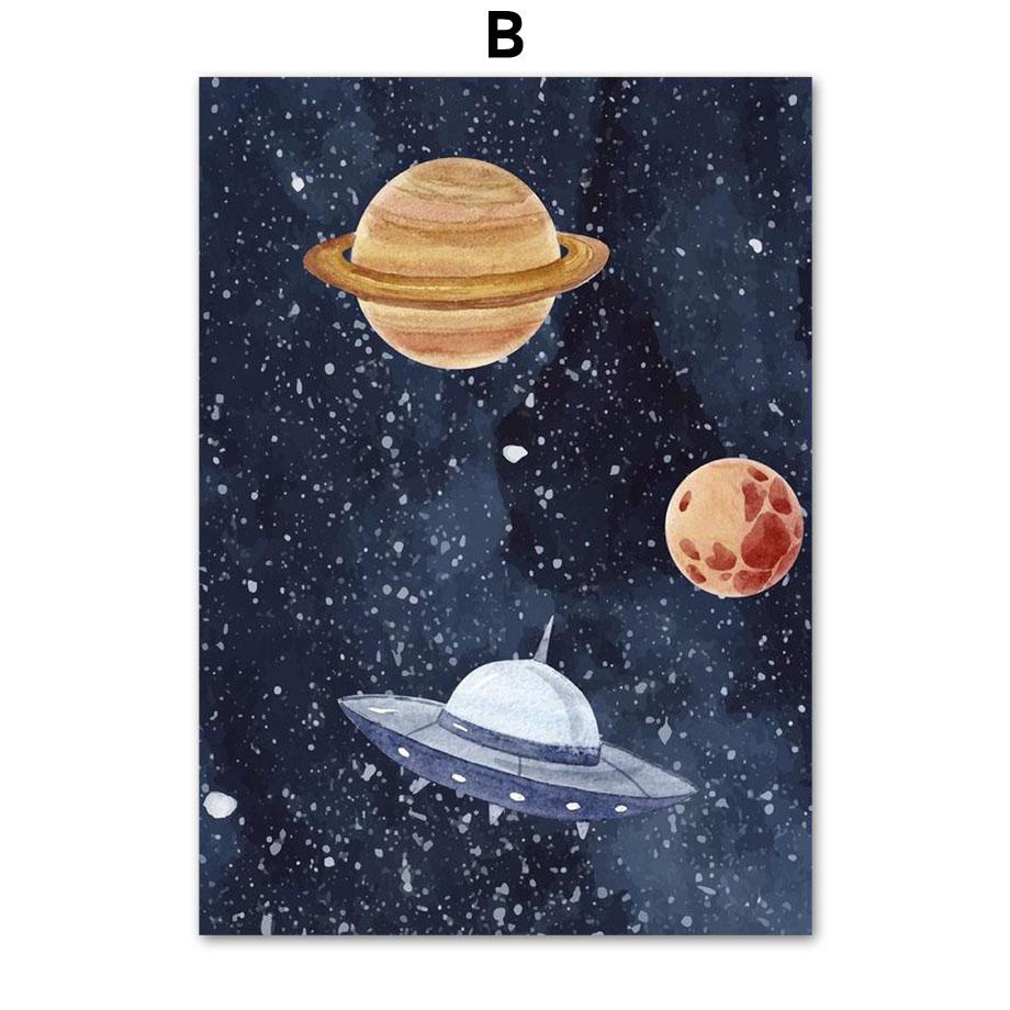 Cartoon Space Astronaut Planet Rocket Spacecraft Wall Art Print Canvas Painting Nordic Poster Wall Pictures Baby Kids Room Decor