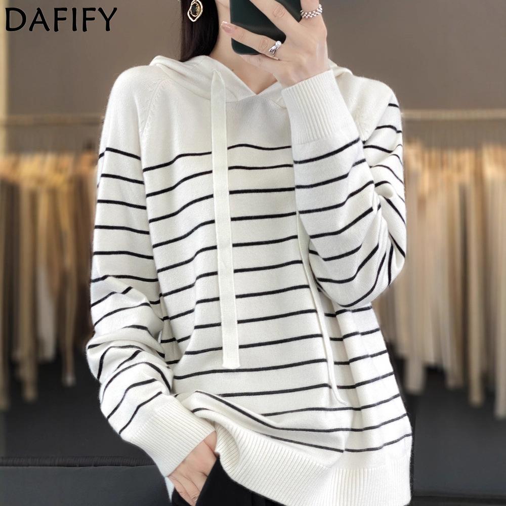 DAFIFY Women's Fashion Casual Fall Winter Stripe Print Long Sleeve Hooded Sweaters