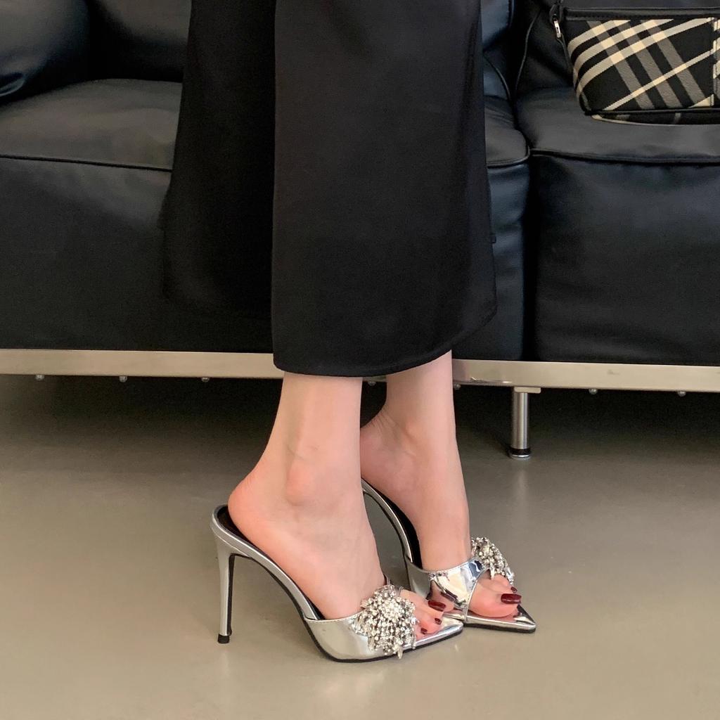 Fashion Shoes Woman 2025 Glitter Slides Slippers Summer Heeled Mules Pointed Toe Black Sandals Pantofle Jelly High Beige New Thin Crysta