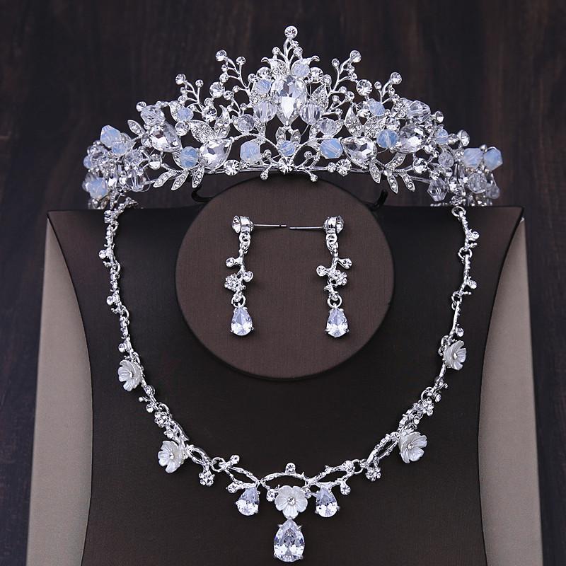 Flower Crystal Bridal Jewelry Sets Handmade Tiaras Earrings Necklace Crown Wedding Dress Bride Jewelry Set Prom