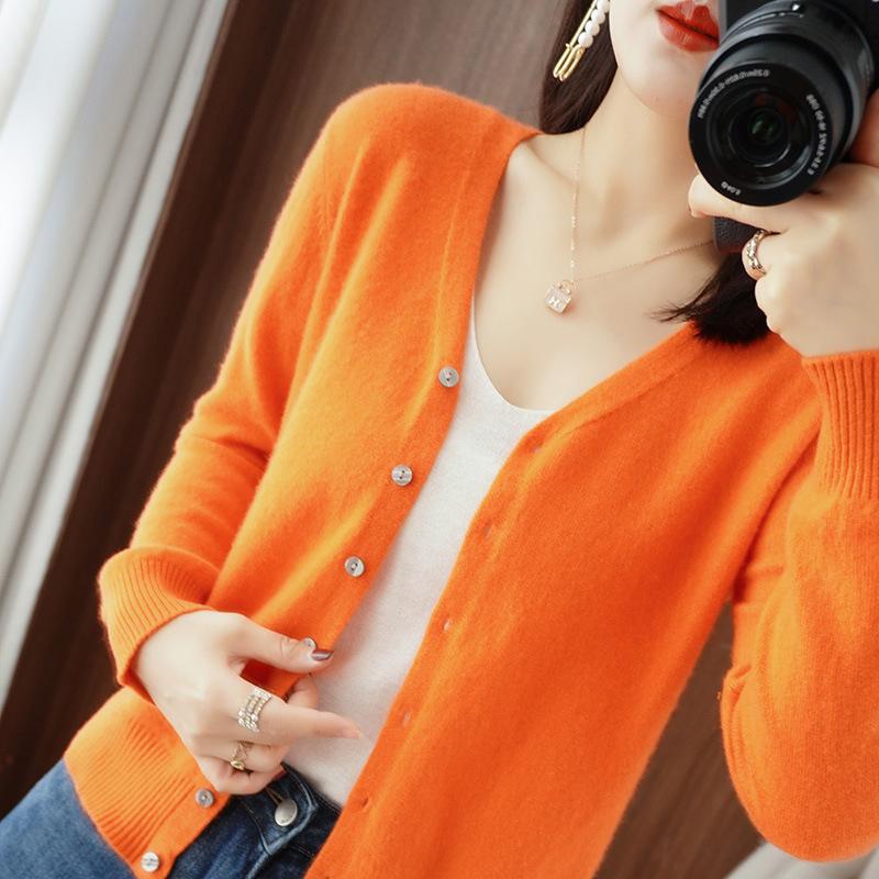 Suéteres de punto de lana de manga larga con cuello en V y estampado de colores sólidos para otoño e invierno para mujer