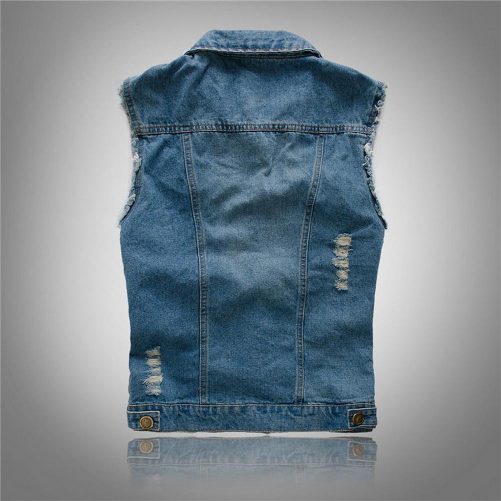 Men Vest Coat Ripped Sleeveless Plus Size Single-breasted Pockets One Tone Lapel Hip Hop Streetwear Soft Cardigan Denim Waist