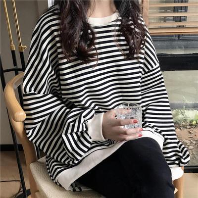 Korean Loose Fit Stripe Tee Plus Size Long Sleeve Boyfriend Style Women Edgy Girl Top