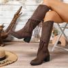 Women's Fringe Brown Boots Side Zipper Retro Long Boots Suede Knee High Plus Size 36-43 Autumn Chunky High Heel Bottes Femmes