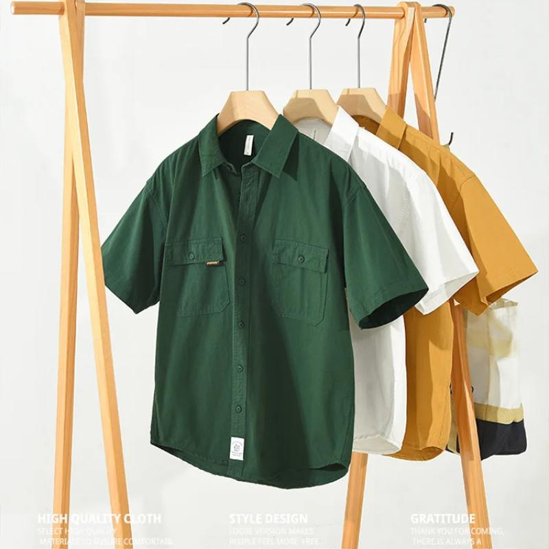 Camisas Cargo Estilo Japonês para Homens Camisa de Verão de Manga Curta 100% Algodão Puro Casual Solta Tops Masculinos Nova Moda Camisa de Bolso Duplo Juventude
