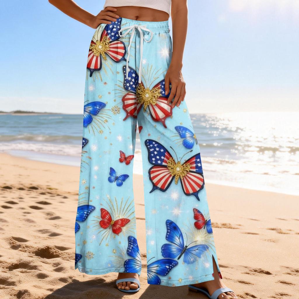 Dámské letní boho palazzo kalhoty s vysokým pasem a širokými nohavicemi, tisk, ležérní kalhoty s kapsami