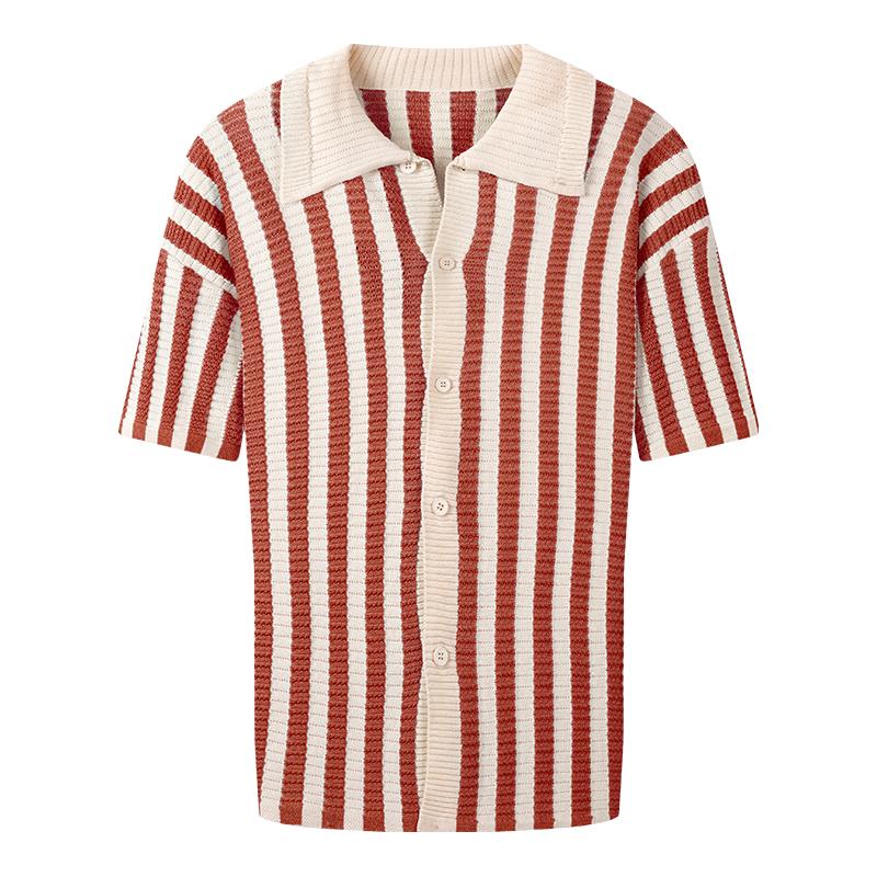 

Men Short Sleeve Knit Shirt Vertical Stripe Cuban Collar Button Down Casual Top S красный