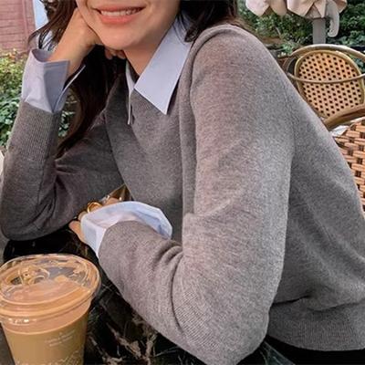 Autumn Winter Polo-neck Fake Two Pieces Pullover Sweater Women Casual Fashion All-match Bottomed Knitting Top