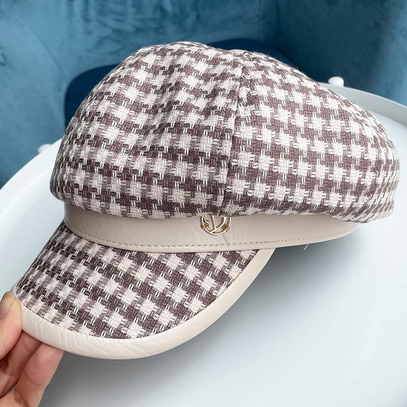 Frühling und Herbst Leder Spleiß Karomuster achteckige Mütze Kinder Metalllabel Retro vielseitige Baskenmütze Schiebermütze Tide