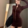 Elegant Solid Color Bodycon Zipper Dress for Women - Autumn/Winter Slimming Short Skirt
