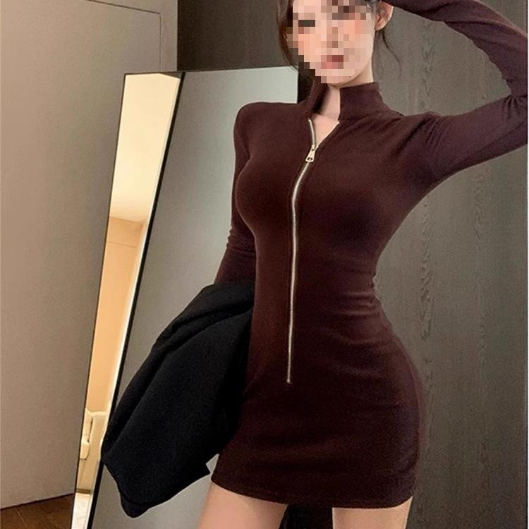 Elegant Solid Color Bodycon Zipper Dress for Women - Autumn/Winter Slimming Short Skirt