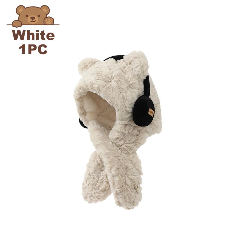 Bear with Headphone Hoodie Hat Scarf Set for Girls Winter Thickened Plush Earmuffs Warm Cap for Children Cute Outdoor Wear