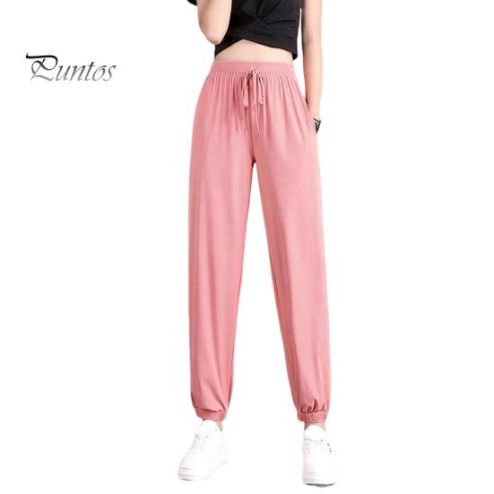 Summer Thin Ice Silk Sports Pants Elastic Drawstring Waist Pockets Casual Sweatpants Solid Color Loose Fit Fitness Trousers Streetwear