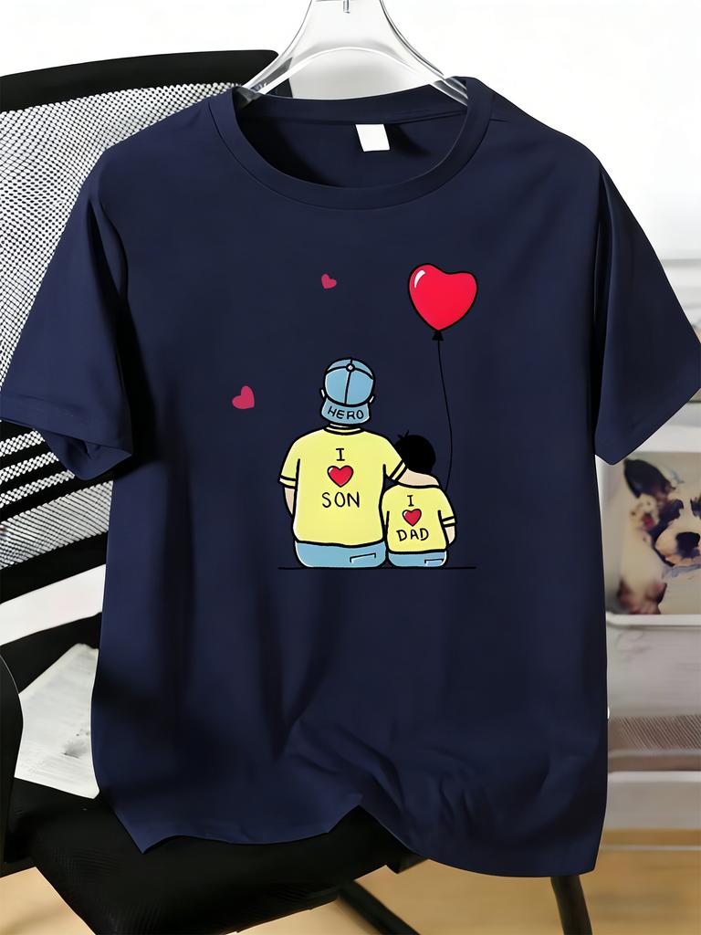 Unisexs Tee Father Son Heart Balloon Cartoon Print Cotton Short Sleeve Male Casual Streetwear Outdoor Daily Basic Fashion Top