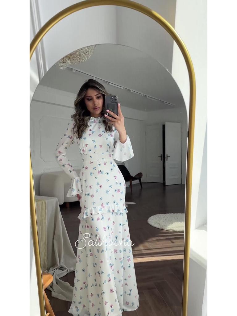 European & American Floral Ruffle Long Dress - Gentle Style, Fresh Spring White, 2024 Collection