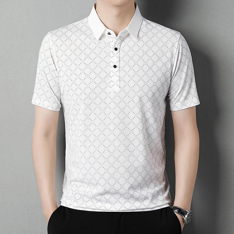 Summer Thin Ice Silk Men Polo Shirt Middle Age Loose Collar Solid Color Casual Short Sleeve T Shirt