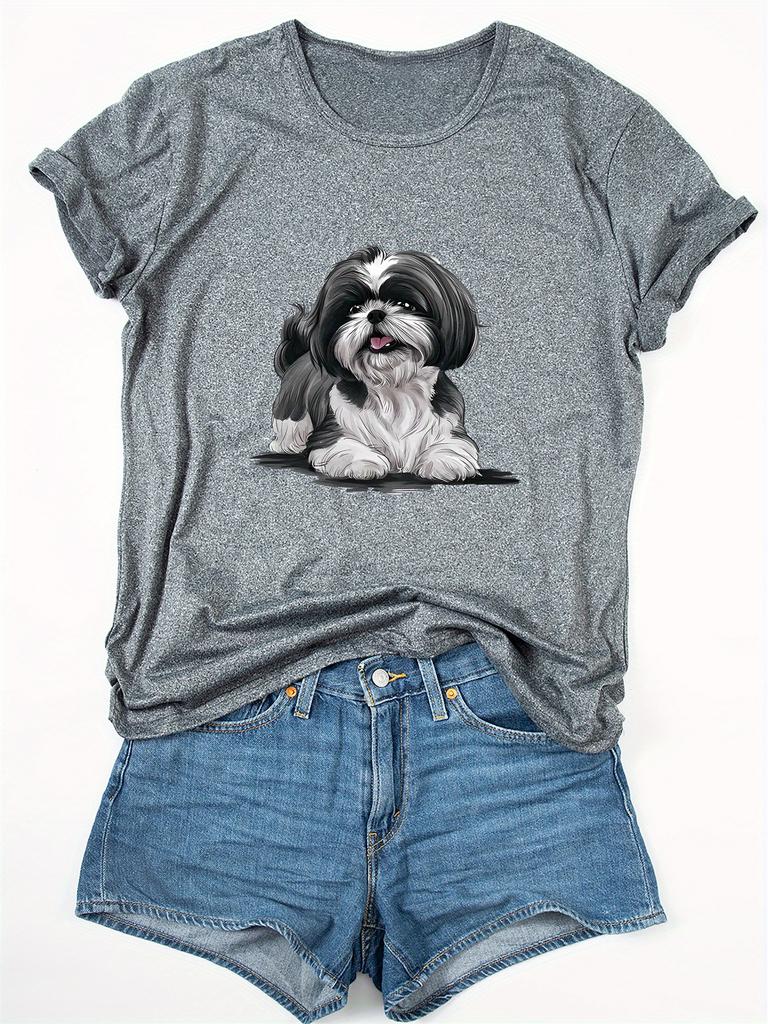 Women'S Casual Crew Neck T-Shirt with Shih Tzu Dog Print with Medium Stretch Knit Fabric Short Sleeve Tee for All Seasons