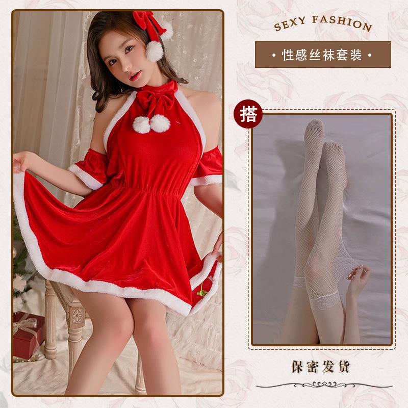 New sexy Christmas autumn and winter plush backless dress Spice girls New Year's Eve robe set slim uniform lure