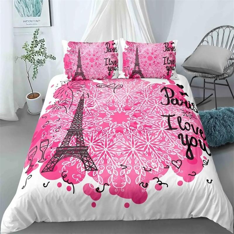Paris Tower Duvet Cover Famous Buildings In France for Women Men Adults Pink Romantic Bedroom Decoration Polyester Quilt Cover