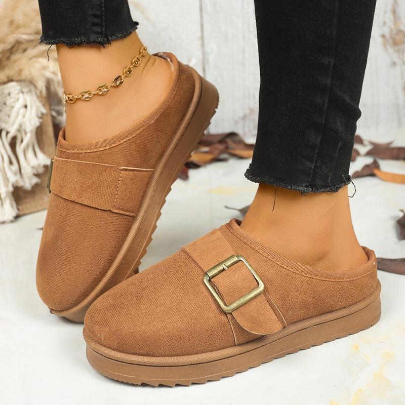 Fashion Cotton Slippers Winter New Round Toe Suede Deep Mouth Metal Slip Strap Fleece Non-Slip Platform Flats