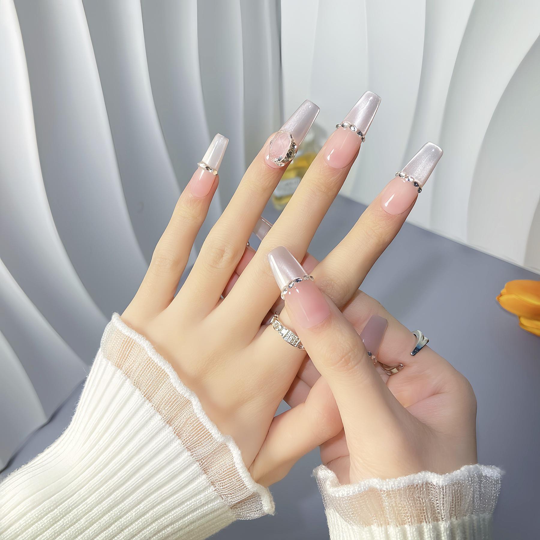 High-End Handmade Cat Eye French Manicure Stickers with Rhinestone-Inlaid Nail Tips