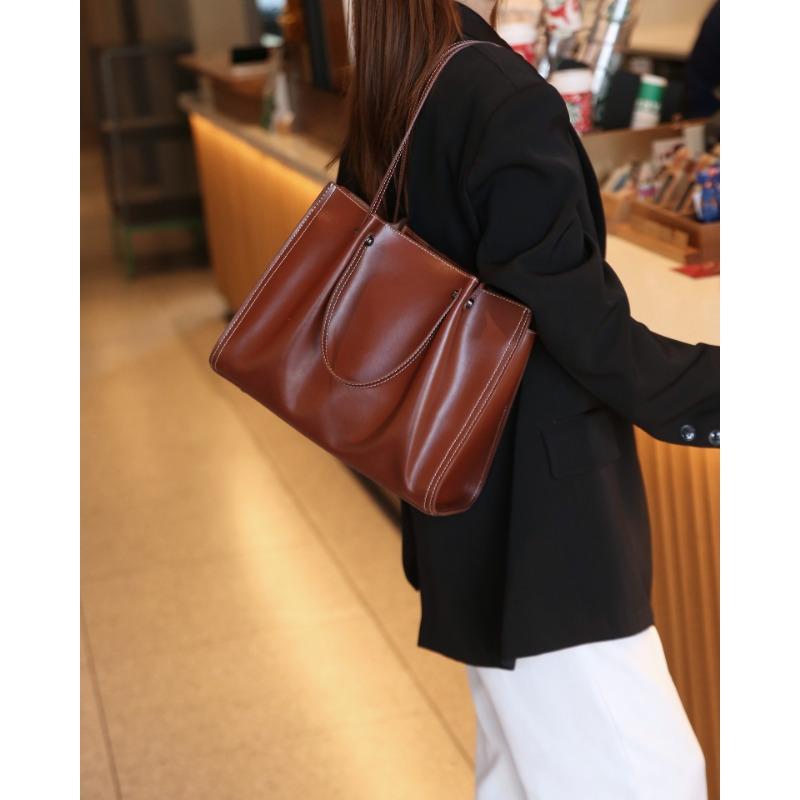 Genuine Leather Women's Bag Korean Autumn and Winter New Large Capacity Commuting Tote Bag Head Layer Cowhide Leather One Shoulder Handbag