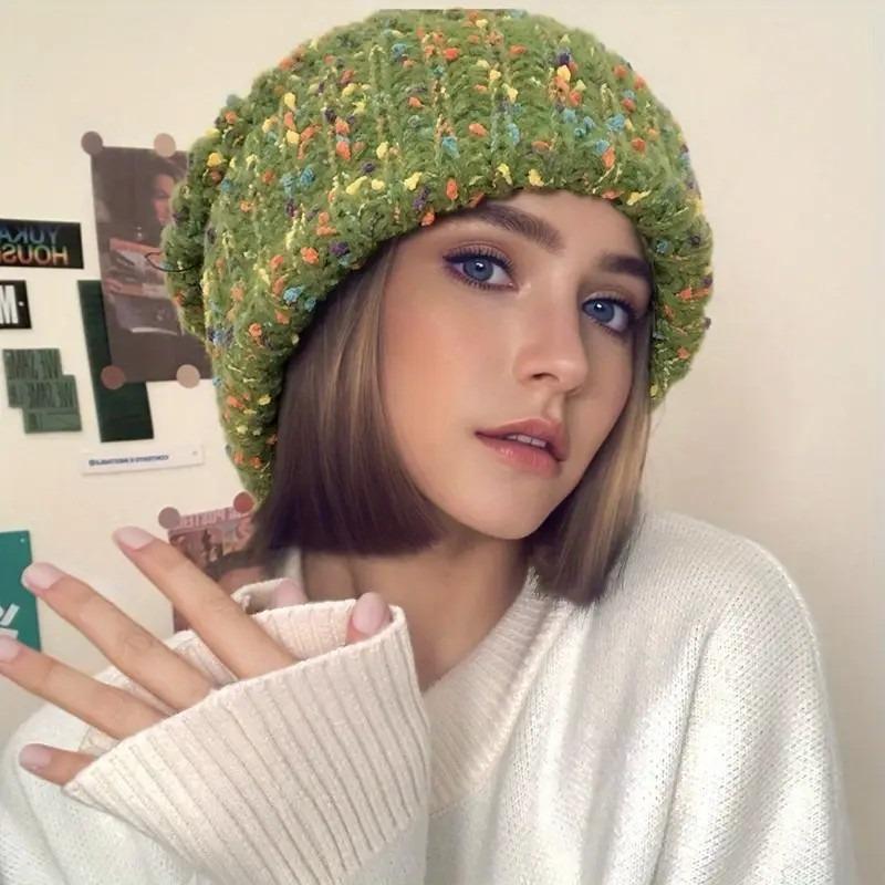 

Trendy Mixed Color Beanie Classic Coldproof Warm Cap Thick Knit Hats Beanies for Women Autumn & Winter зелений
