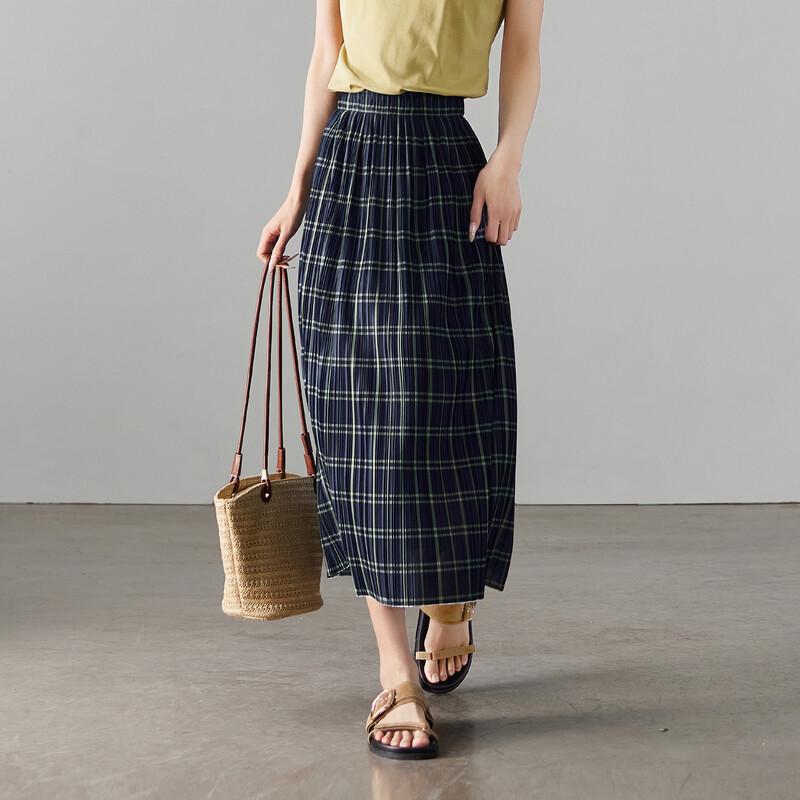 SOFSIL 2026 Summer Pleated Plaid Midi Skirt 27/M