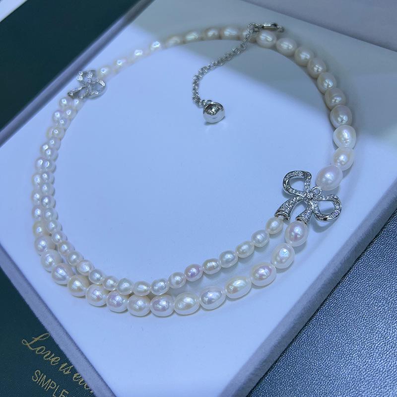 Elegant Bow Pearl and Diamond Necklace for Women