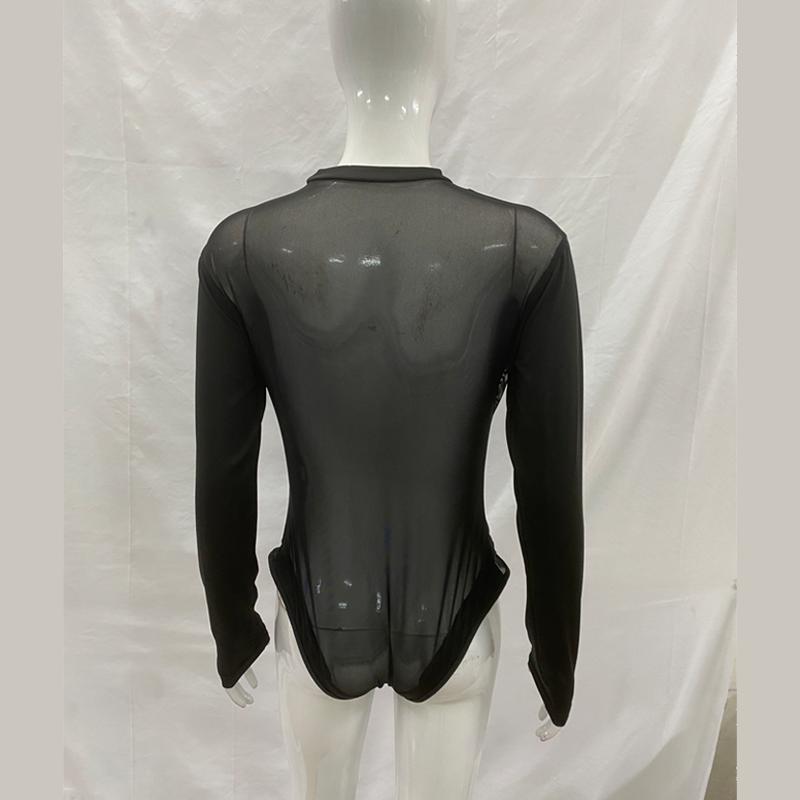 Y2K Spring and Summer Fashionable and Sexy Deep V-Perspective Mesh Splicing Long Sleeve Jumpsuit