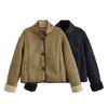 European & American Women's Fashion Casual High Neck Suede Double-Sided Jacket Coat with Long Sleeves