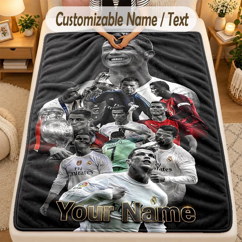 Flannel BlanketCristiano Ronaldo Custom Name Text Personalized Soft Warm Throw Blanket Home Decor Gift