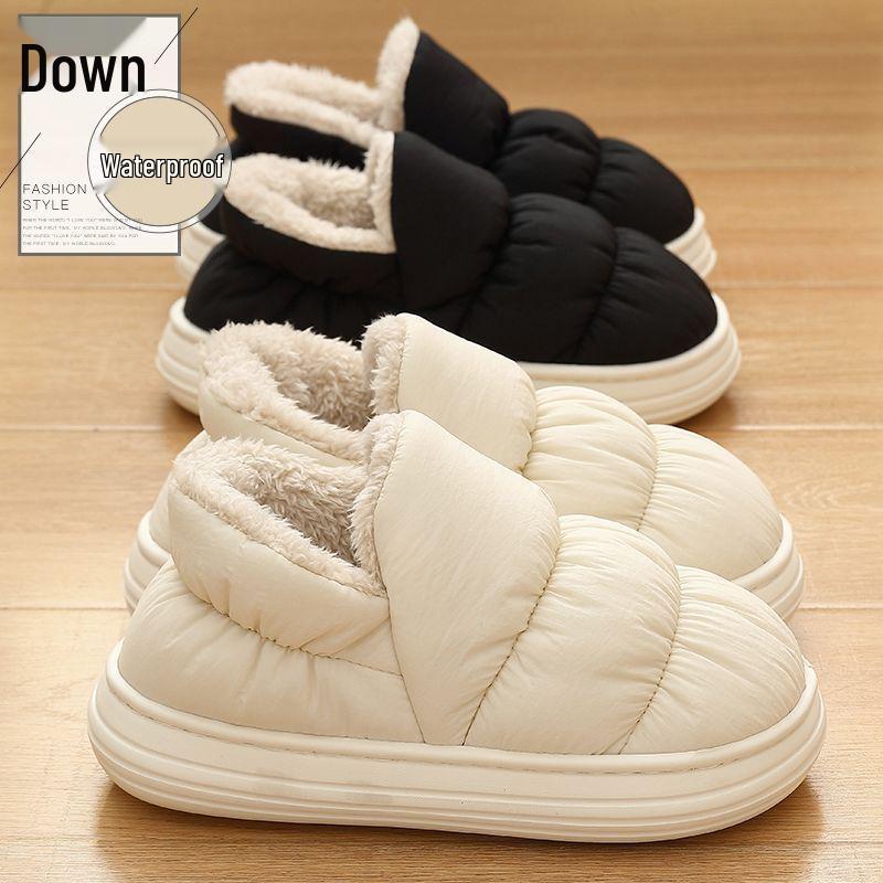 Men's and Women's Winter Waterproof Cotton Slippers - Silent, Plush, Warm, Thick Sole, Closed Heel, Deodorant Down Cloth