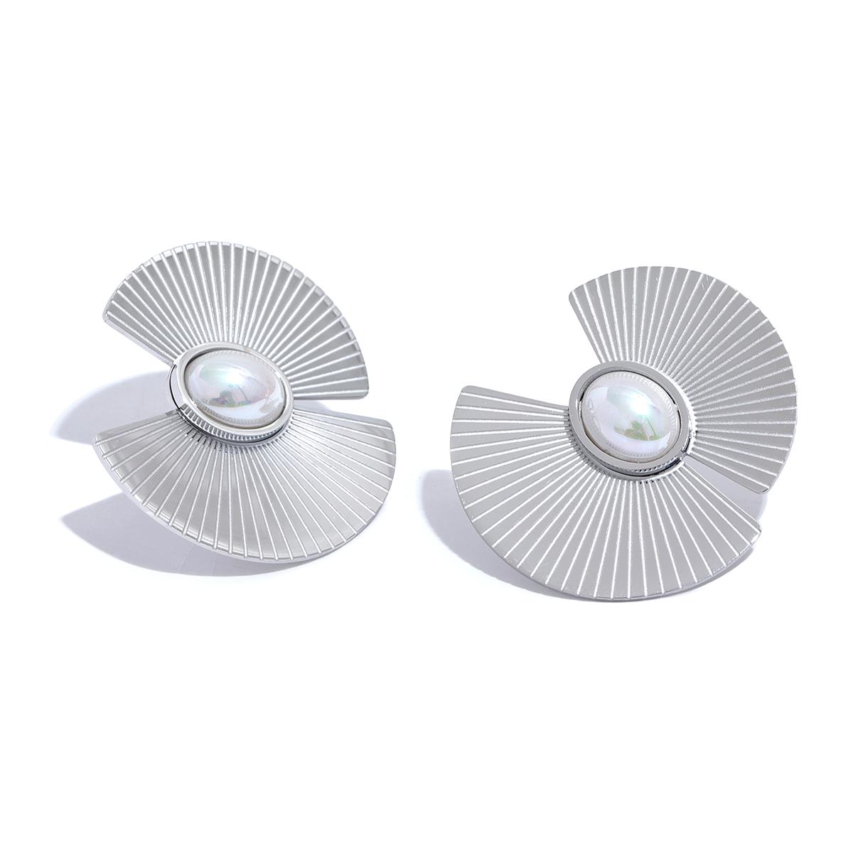

Yhpup Charm Fan Imitation Pearl Flowers Stainless Steel Hyperbolic Fashion Big Stud Earrings Trendy Personality Jewelry Women
