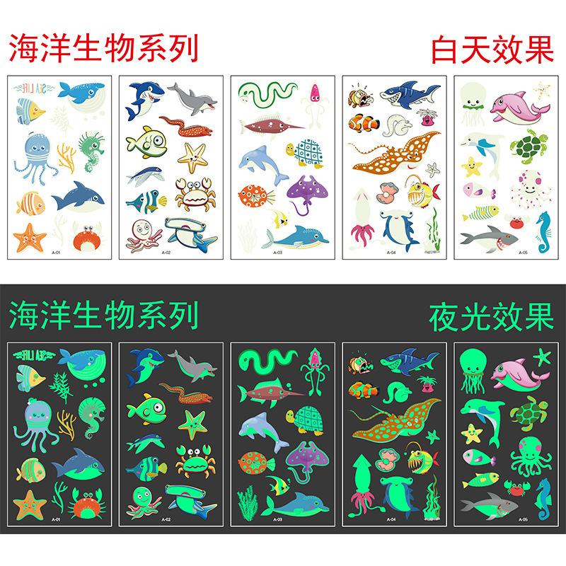 5/10Sheets Luminous Tattoo Anime Stickers Toy Children Body Art Temporary Fake Tattoos Waterproof Cartoon Unicorn Animal Mermaid