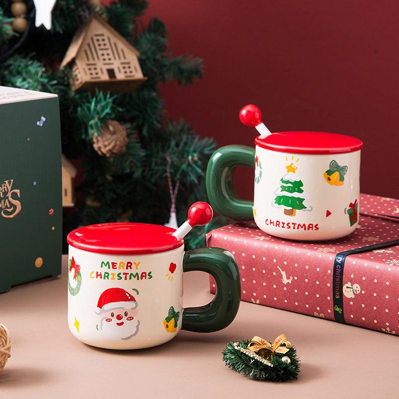 Christmas Creative Ceramic Mug Big Handle Cute Lid Spoon Coffee Mug Gift Box Gift Water Mug