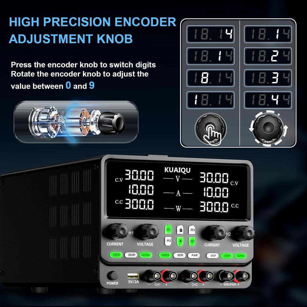 Dual Channel Power Supplies KUAIQU 30V 10A 4 in 1 Indep series parallel OCP & OVP Data storage Panel lock, output switch, encoder knob SPPS3010-2KD