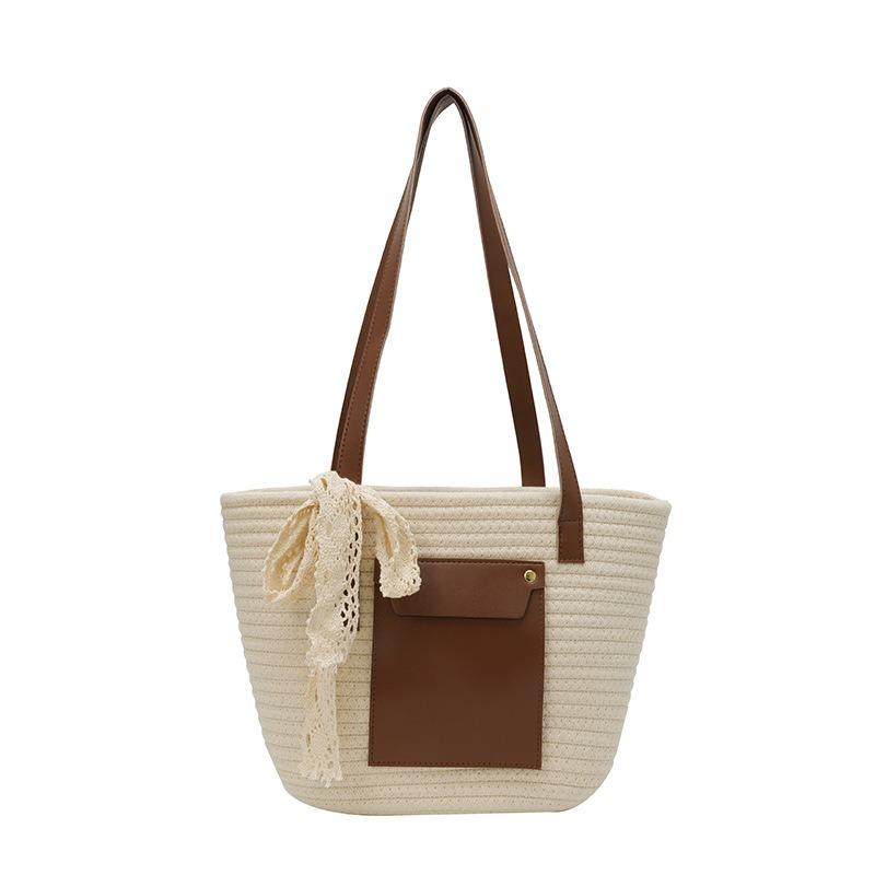 Summer New Woven Tote Bag Fashionable Splicing Large-capacity Versatile Shoulder Underarm Bag Simple Casual Handbag