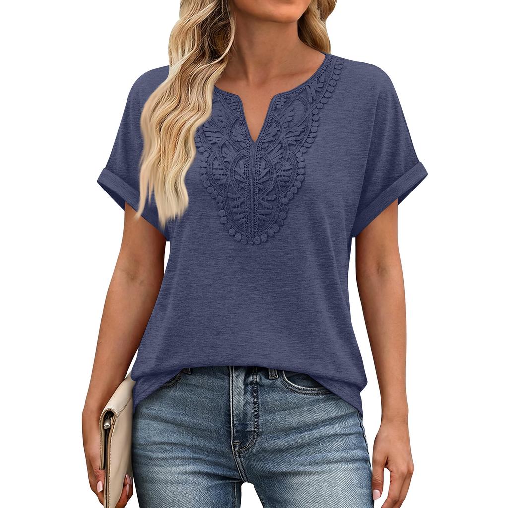 Women V Neck Short Sleeve Top with Embroidered Front Casual Loose Fit Bohemian Style Lightweight Summer Shirt Blouse