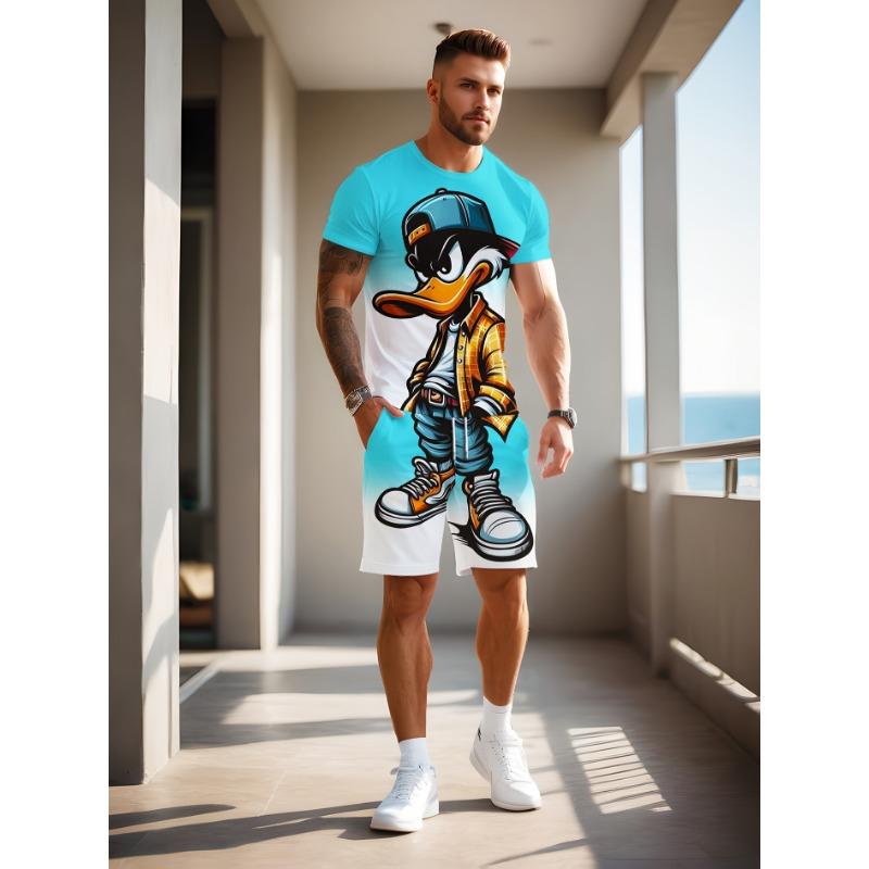 

Men s summer color blocked personalized outfit, 3D geometric printed short sleeved T-shirt and shorts set S